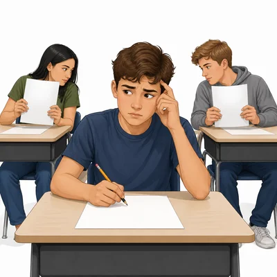 A student looks conflicted while classmates cheat during a test.