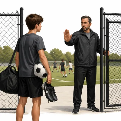 A young athlete is blocked from joining a team on a sports field.