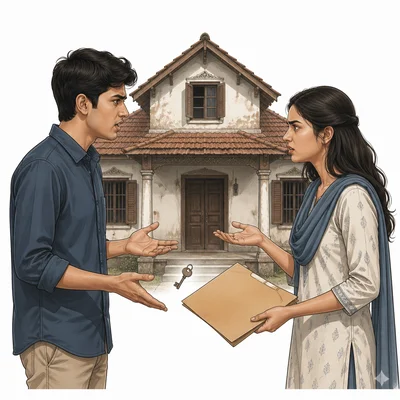 A brother and sister argue in front of their grandmother's house.