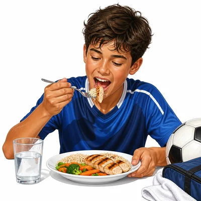A hungry soccer player eagerly eats after practice.