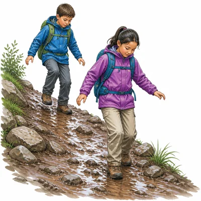 Hikers move carefully on a slippery muddy trail.