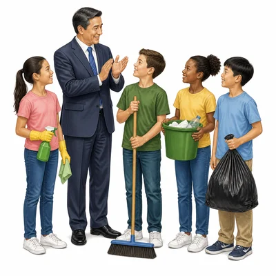 A principal praises students for helping and cleaning.