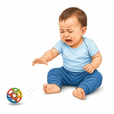 A baby softly cries after dropping a toy.