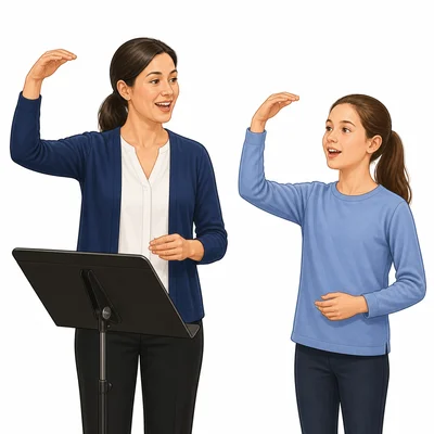 A student copies a teacher's gesture during rehearsal.