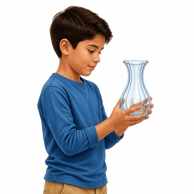 A child carefully carries a delicate glass vase.
