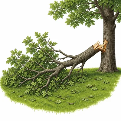 A huge tree branch lies on a lawn after a storm.