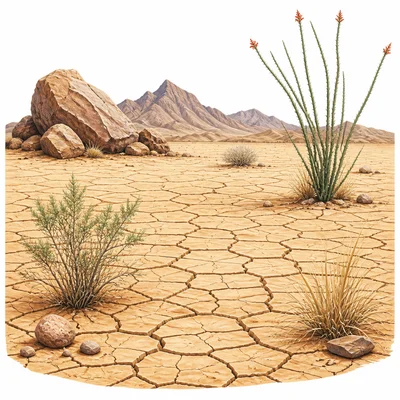 A very dry desert with cracked ground and few plants.