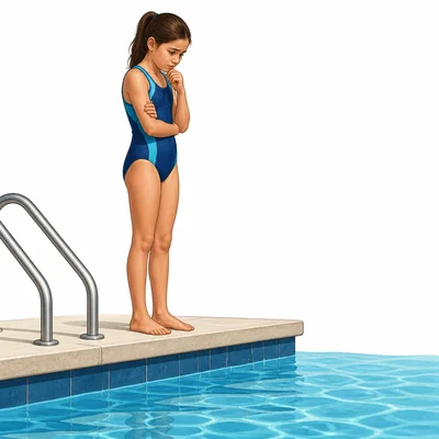 A hesitant child stands at the edge of a pool.