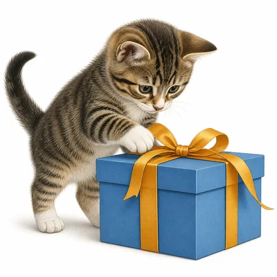 A curious kitten explores a ribboned box.