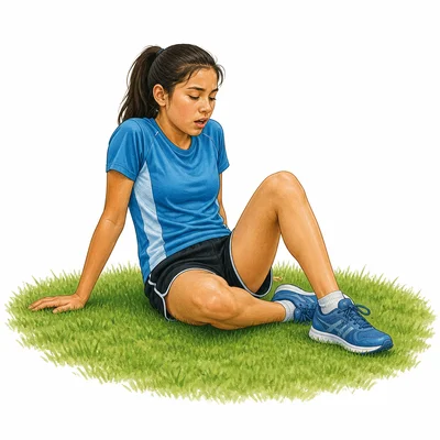 A tired runner rests on the grass after running.