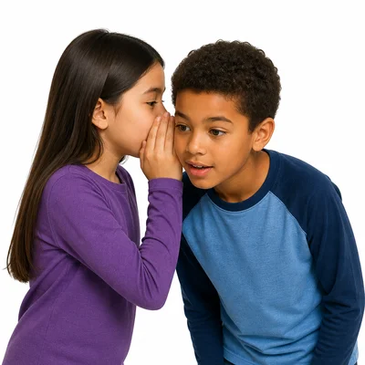A child whispers so softly that another child leans in to hear.