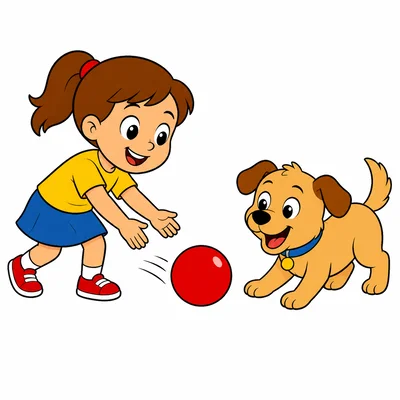 A girl rolls a red ball to a dog.