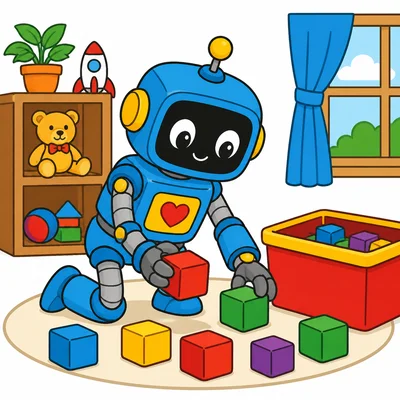 A robot picks up toy blocks.
