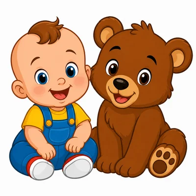 A baby sits beside a friendly bear.