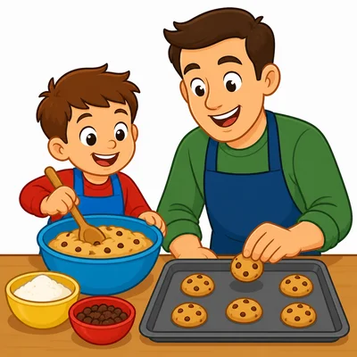 A boy and his dad bake cookies.
