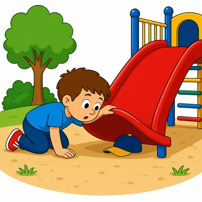 A boy looks under a slide for his hat.