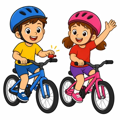 Two children ride bikes together.