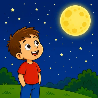 A boy smiles while looking at the moon.