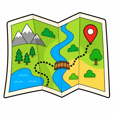 A colorful folded map with a dotted path.