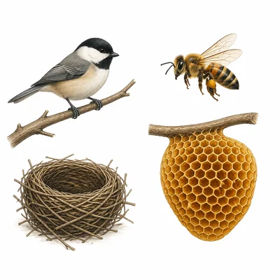 A bird with a nest and a bee with a hive.