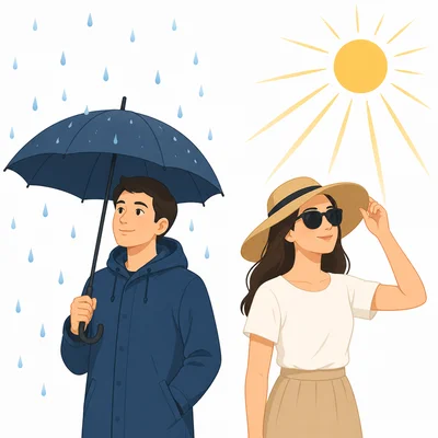 An umbrella protects from rain, while sunglasses and a hat protect from sun.