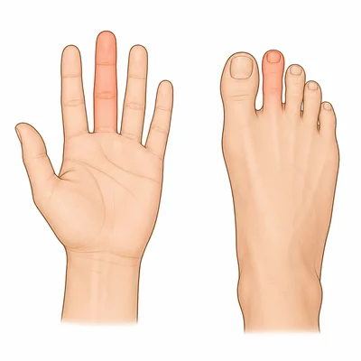 A highlighted finger on a hand and a highlighted toe on a foot.
