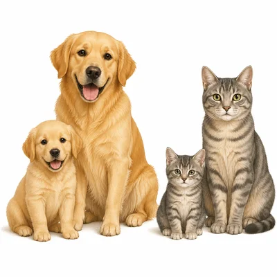 A puppy with an adult dog and a kitten with an adult cat.