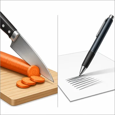 A knife cutting food and a pen writing on paper.