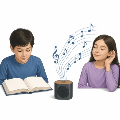 A student reading a book and another student listening to music.
