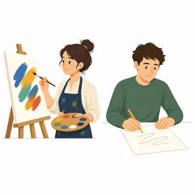 A painter with a brush and a writer with a pencil.