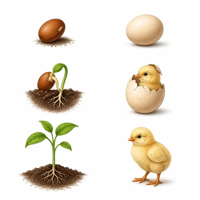 A seed becoming a plant and an egg hatching into a chick.