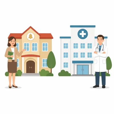 A teacher with a school and a doctor with a hospital.