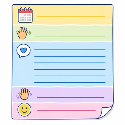 A friendly letter page divided into five colored parts.