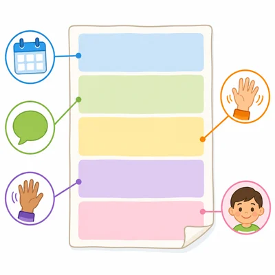 Icons show the jobs of the five parts of a friendly letter.
