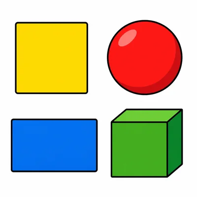 A square, sphere, rectangle, and cube