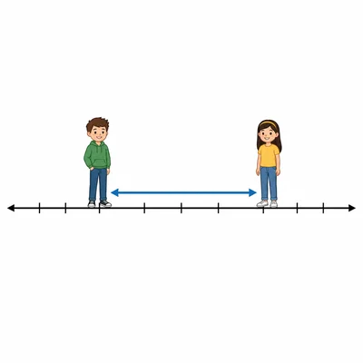 Two students standing on a number line with an arrow showing the distance between them.