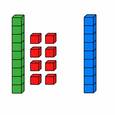One ten-rod and eight cubes next to another ten-rod.
