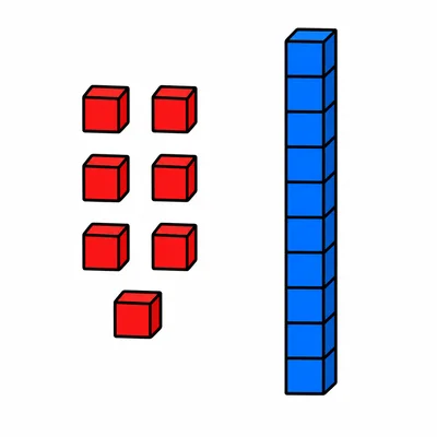 Seven single cubes next to one ten-rod.