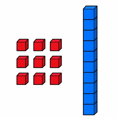 Nine single cubes next to one ten-rod.