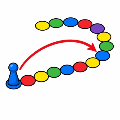 A game board pawn moves ahead along a path.