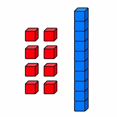 Eight single cubes next to one ten-rod.