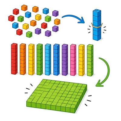 Base-ten blocks showing regrouping from ones to tens and tens to hundreds.