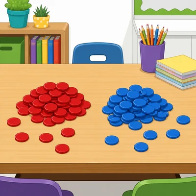 Two piles of classroom counters, one red and one blue, on a table.