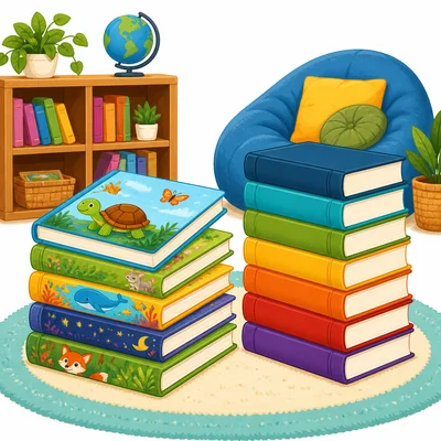 Two groups of library books: picture books and chapter books.