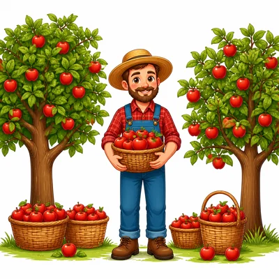 A farmer collecting apples from two apple trees.