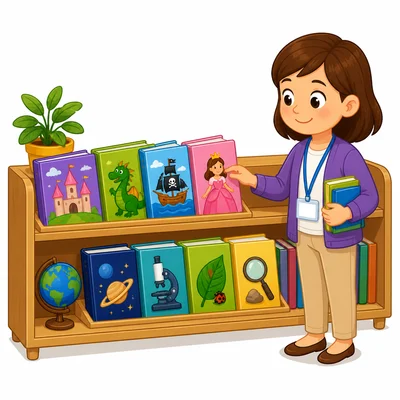A library shelf with two groups of books, storybooks and science books.