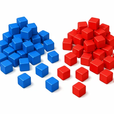 Two piles of counting cubes, one blue and one red, being combined.
