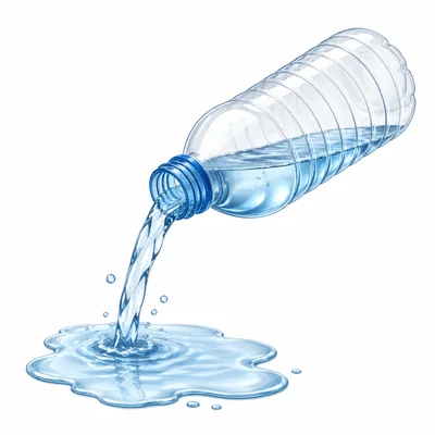 Water pouring out of a bottle with some water remaining inside.