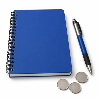 A notebook and pen with coins nearby.