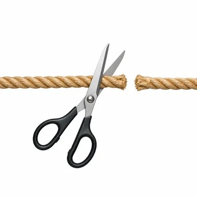 A rope being cut into a long piece and a shorter piece.